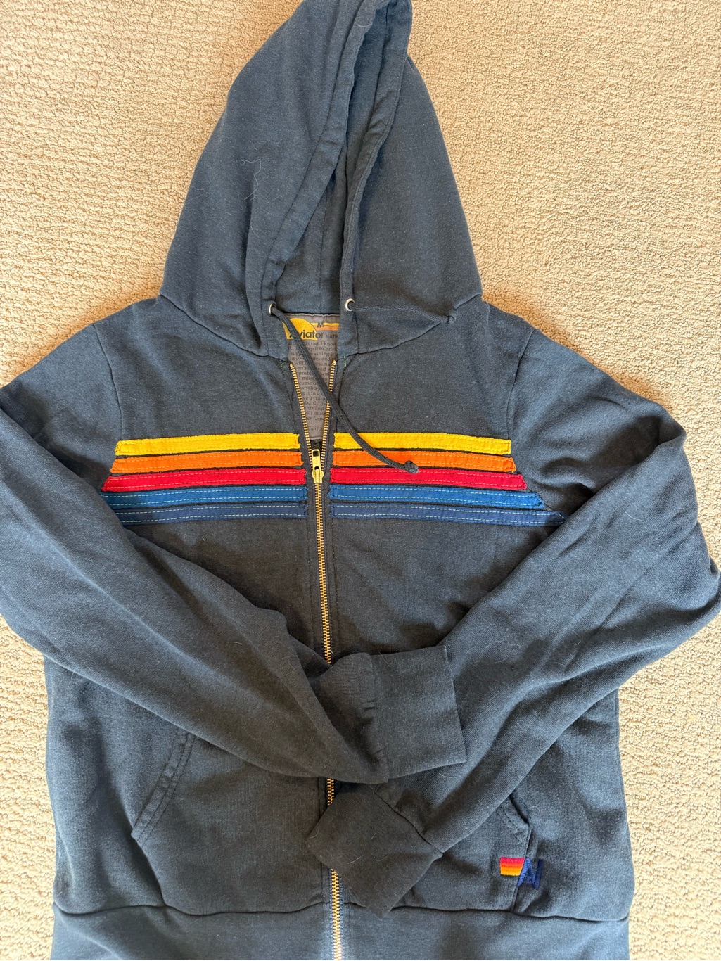 Aviator Nation Navy 5 Stripe Zip Hoodie With Rainbow Stripe Detail